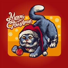 Christmas cute cat at red santa's hat  holiday card vector Illustrations