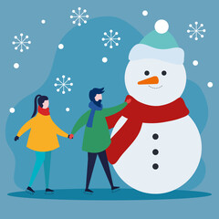 merry christmas woman and man holding hands with snowman design, winter season and decoration theme Vector illustration