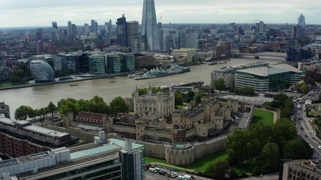 Aerial Drone View of Tower Bridge, the Shard & River Thames 