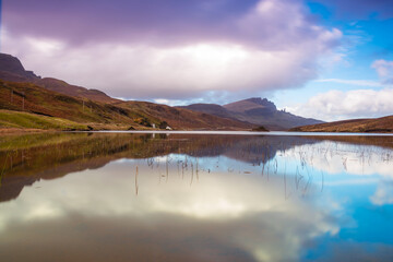 Isle of Skye landscape - Old Man of Storr - mountains reflection in lake