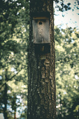 Birdhouse on pine tree