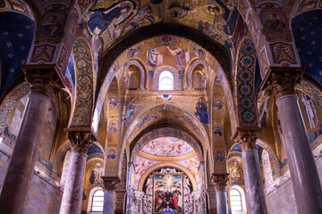 Fototapeta na wymiar The Church of St. Mary of the Admiral (Italian: Santa Maria dell'Ammiraglio), also called Martorana, is the seat of the Parish of San Nicolò dei Greci in Palermo, Sicily, Italy