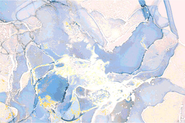 Blue, golden stone marble texture. Alcohol ink technique abstract vector background. Modern paint in natural colors with glitter. Template for banner, poster design. Fluid art painting