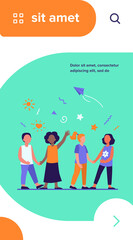 Diverse group of children in kindergarten. Team of African American, Asian, Caucasian boys and girls standing together. Vector illustration for international school, classmates, friendship concept