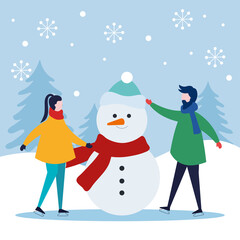 merry christmas woman and man with snowman design, winter season and decoration theme Vector illustration