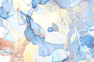 Ocean blue, yellow, and gold stone marble texture. Alcohol ink technique abstract vector background. Modern paint in natural colors with glitter. Template for banner, poster design. Fluid art painting