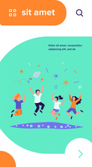 Happy children playing in summer park flat vector illustration. Cartoon cute boys and girls jumping with kite on meadow. Kindergarten and holiday concept