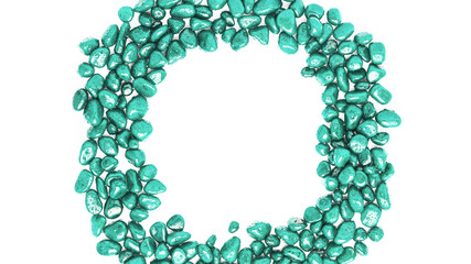 frame of stones in the form of pebbles painted in turquoise color on a white background. top view, copy space