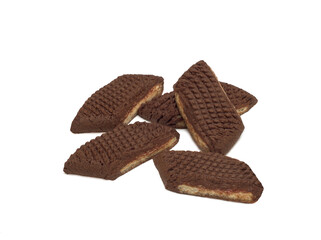 Five sandy cookies with raspberry filling isolated on white background