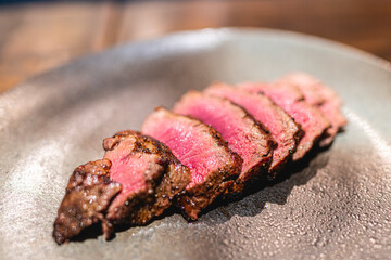 medium grilled beaf close up