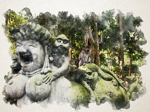 Bali monkey forest in watercolor