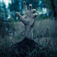 a zombie rose from the grave, a zombie's hand from the ground,
