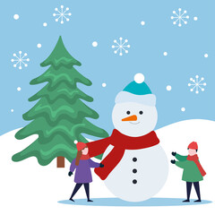 merry christmas boy and girl kids with snowman design, winter season and decoration theme Vector illustration