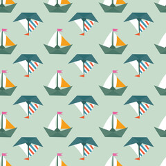 Seamless vector pattern with colorful paper ships. Sea texture