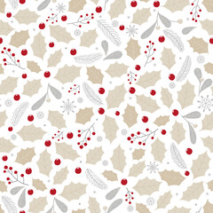 Seamless Christmas pattern with holly leaves and berries on a white background.