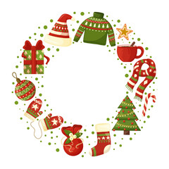 Christmas wreath with seasonal elements. Modern design for Holidays invitation card, poster, banner, postcard, print. Vector illustration.