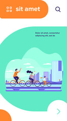 Happy young family riding on bikes at park flat vector illustration. Cycling along road near the water with city on background. Summer activity and healthy lifestyle concept.