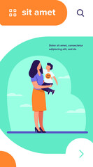 Young mom holding toddler child in arms. Mother and son standing outdoors, hugging flat vector illustration. Motherhood, child care, family concept for banner, website design or landing web page