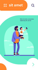 Young father holding child with mobile phone. Selfie, kid, smartphone flat vector illustration. Family and digital technology concept for banner, website design or landing web page