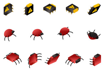 Computer bug isometric icon set isolated on white. Symbols of digital virus and glitch. Vector data danger  concept   illustration. 