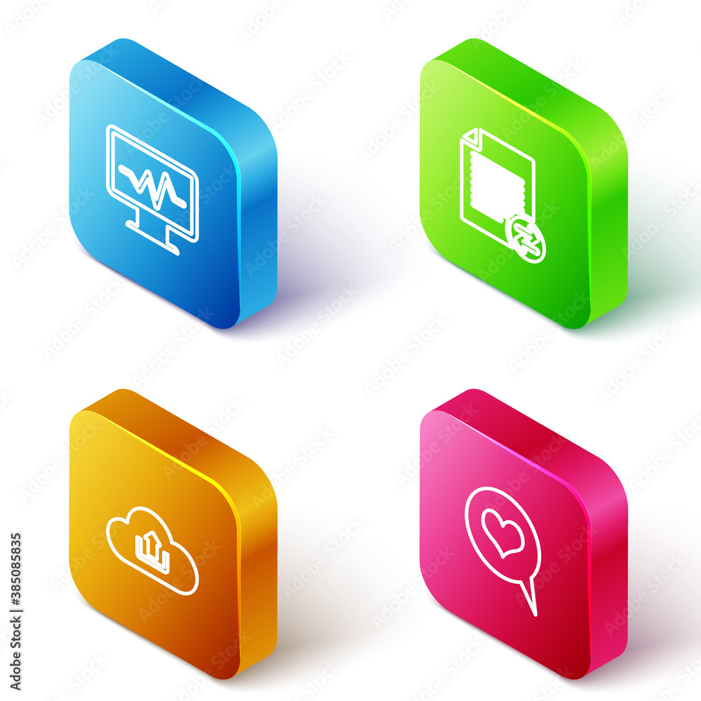 Poster set isometric line monitor with cardiogram, transfer files, cloud upload and heart in speech bubble 