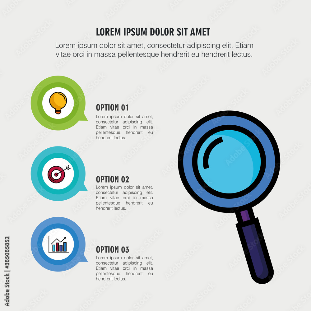 Poster infographic steps lupe light bulb target and bars chart design, data analysis and information theme 