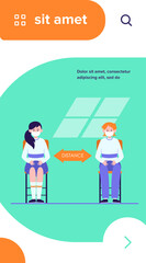 School students wearing masks. Teen children sitting at desk, keeping distance flat vector illustration. New rules, coronavirus concept for banner, website design or landing web page
