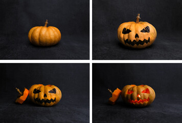 step by step instructions on how to cut a pumpkin lantern for Halloween, black background, do it...