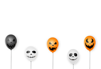 Halloween party  background with  scary black, white, orange air balloons isolated  on white background, space for adding text , banner, website, billboard,advertising  , poster, vector illustration