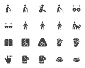 Disability vector icons set, modern solid symbol collection, filled style pictogram pack. Signs, logo illustration. Set includes icons as handicapped person, blind deaf, dumb, wheelchair, braille book