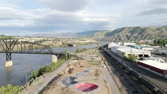 Aerial view on skate park next to Columbia River in Wenatchee, Washington, USA.