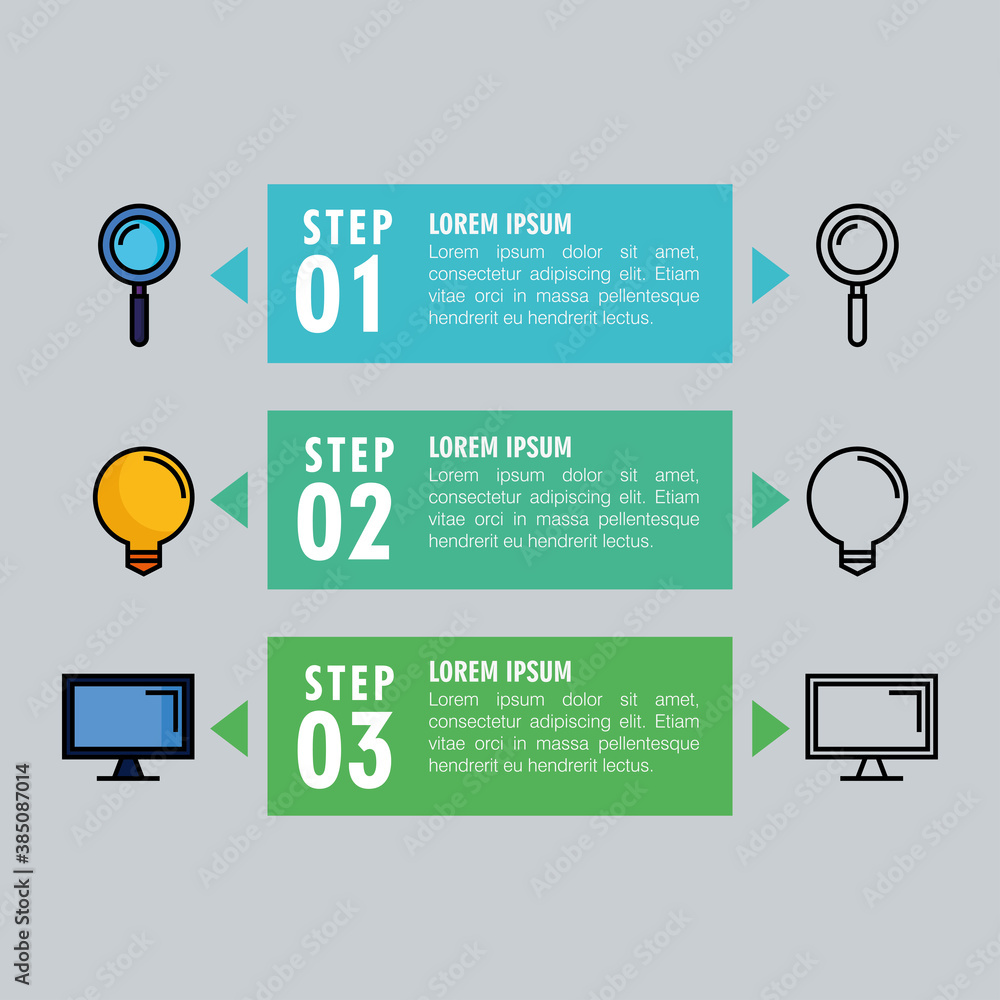 Poster infographic steps lupe light bulb and target design, data analysis and information theme vector illu