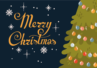 Naklejka premium Cute cartoon vector Christmas tree with garland. Merry christmas and happy new year postcard. Lettering Merry Christmas. Sparkles and snowflakes. Vintage greetings