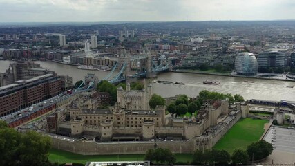 Aerial Drone View of Tower of London, Tower Bridge and the River Thames
