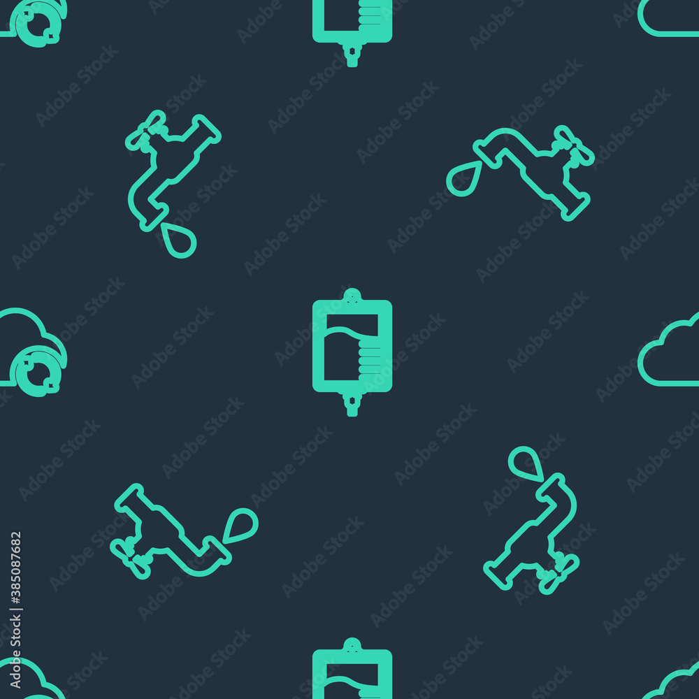 Poster set line iv bag, water tap and cloud sync refresh on seamless pattern. vector.