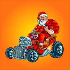 Fototapeta na wymiar Hot Rod Riding Santa Claus With Gift Bag illustrations for your work merry Christmas merchandise unique