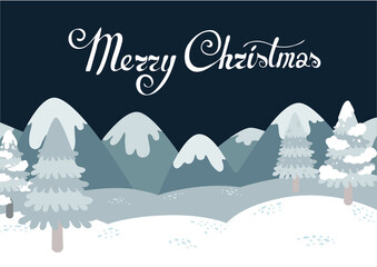 Merry christmas and happy new year postcard. Winter forest landscape. Fir tree. Magic night. Vector illustration. Lettering Merry Christmas. Blue and white.