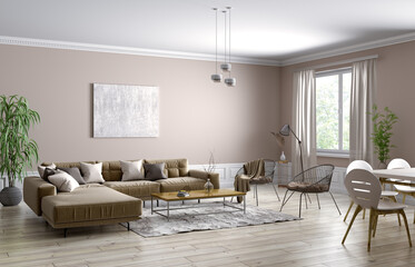 Interior design of modern scandinavian apartment, living room 3d rendering