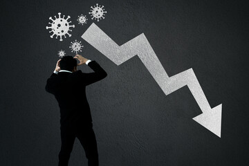 businessman disappoint with business decline impacted from coronavirus, economy crisis concept