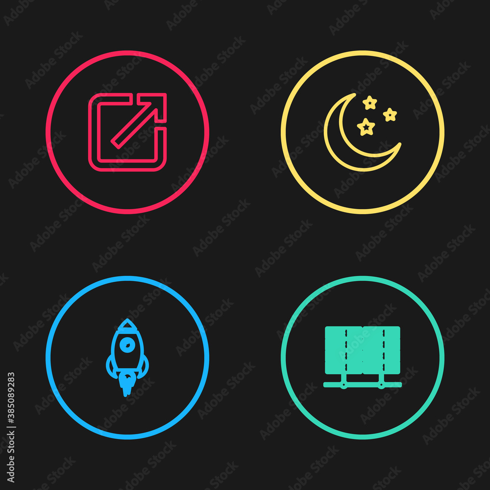 Poster set line rocket ship with fire, server, data, web hosting, moon and stars and open new window icon. 