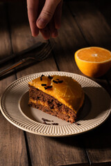 Chocolate pie with orange cream, orange slices and chocolate chips