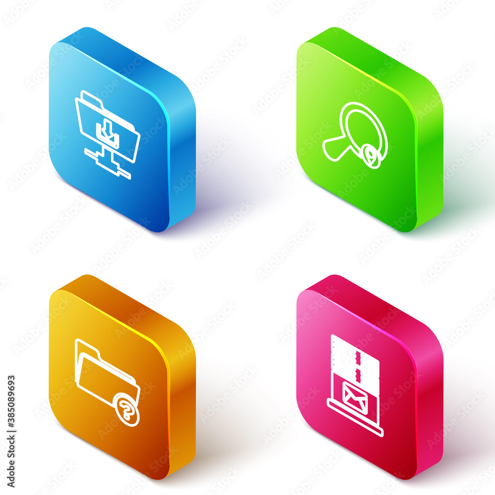 Poster set isometric line ftp folder download, search location, unknown directory and mail server icon. vec