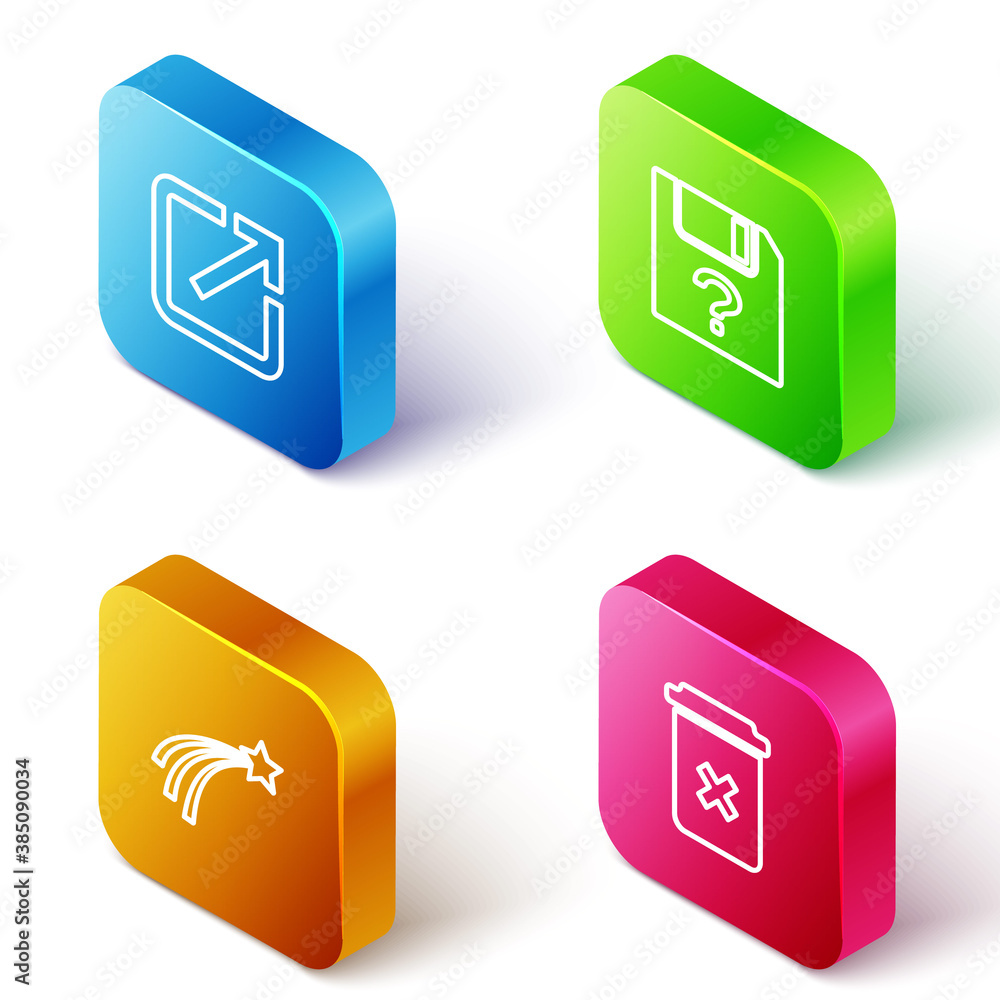 Poster set isometric line open in new window, unknown document, falling star and trash can icon. vector.