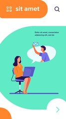 Office employee with laptop sending or receiving message. Colleagues, computer, email flat vector illustration. Internet communication concept for banner, website design or landing web page