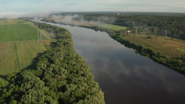 Deep-water river in Russia. The Oka River, filmed from a quadcopter.