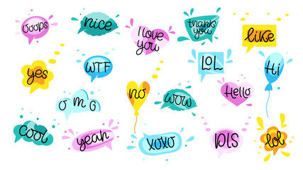 SPEECH BUBBLES hand draw set of Colorful bubble talk phrases dialog words. Online chat clouds with different words comments information shapes. Vector illustration.