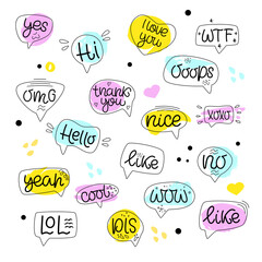 SPEECH BUBBLES hand draw set of Colorful bubble talk phrases dialog words. Online chat clouds with different words comments information shapes. Vector illustration.