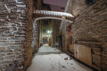 Fototapeta na wymiar The st Catherine's passage - one of the most picturesque lanes of Old Tallinn and Unesco cultural heritage site at the heavy winter snowfall night