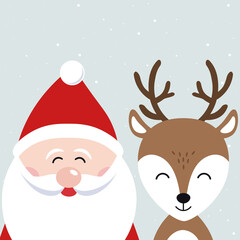 Santa and reindeer cartoon merry christmas card snowy background