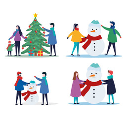 merry christmas family with pine tree gifts and snowman icon set design, winter season and decoration theme Vector illustration